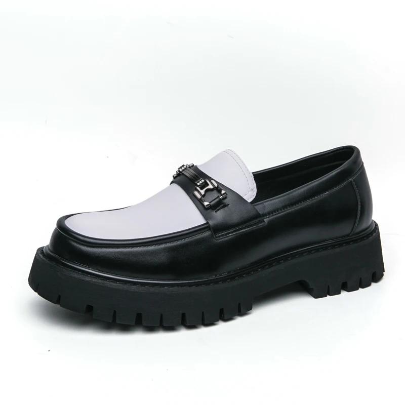 

Модные лоферы с металлической пряжкой, толстая подошва, обувь для ходьбы, деловая обувь, новый тренд, мужская кожаная обувь, слипоны, мягкая, нескользящая, дышащая, для вождения 46 белый