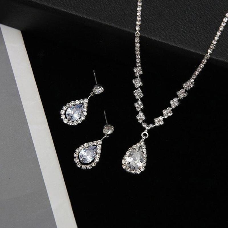 3Pcs Luxury Simple Rhinestone Necklace Drop Earrings For Women Girls Fashion Exquisite Jewelry Set Wedding Bride Accessories