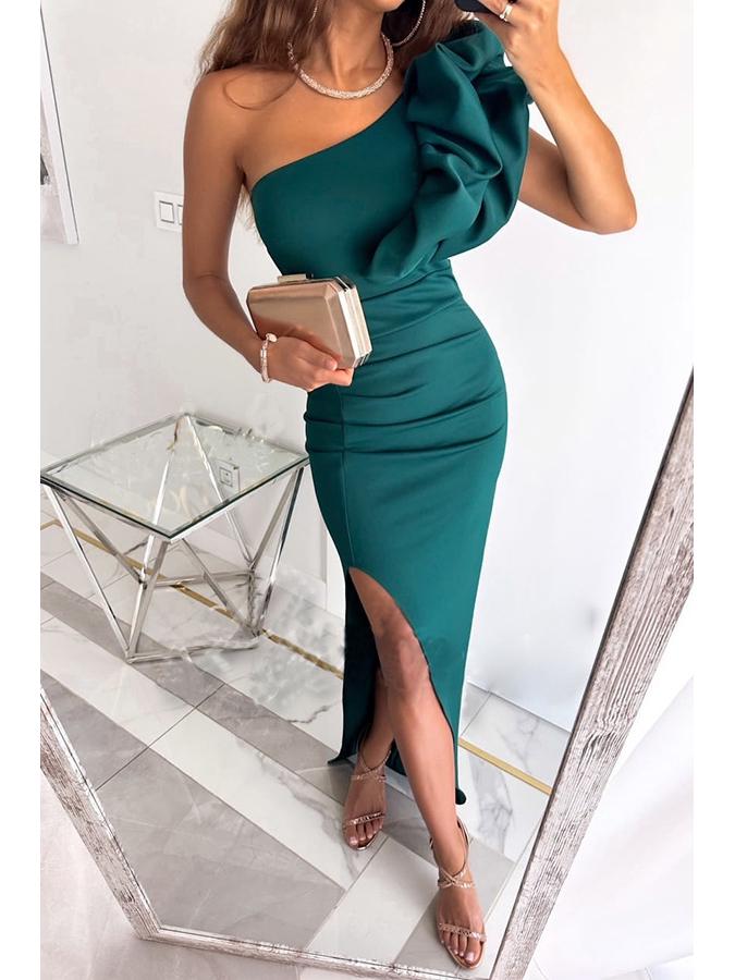 

2023 Європейська та Американська Сексуальна Приталена Сукня з Розрізом – Барвиста Вечірня Сукня-обгортка для Жінок Small темно-зелений колір