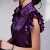 Women Shirt Lapel Ruffle Short Sleeve Single Breasted Shirt Tops Pure Color Smooth Satin