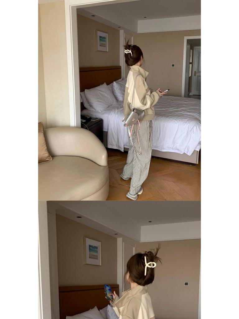 Women's Retro Colorblock Stand-Up Collar Sweatshirt Jacket, Spring/Autumn 2025, Casual Loose Baseball Cardigan.