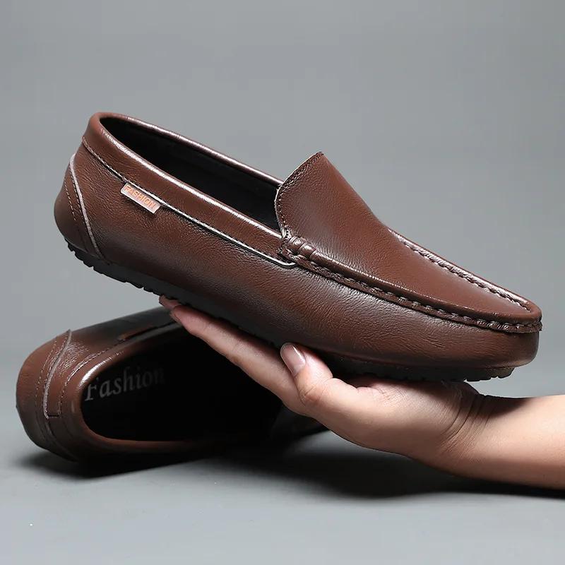 2025 Genuine Leather Men Casual Shoes Luxury Brand Soft Mens Loafers Breathable Slip on Black Driving Shoes Plus Size