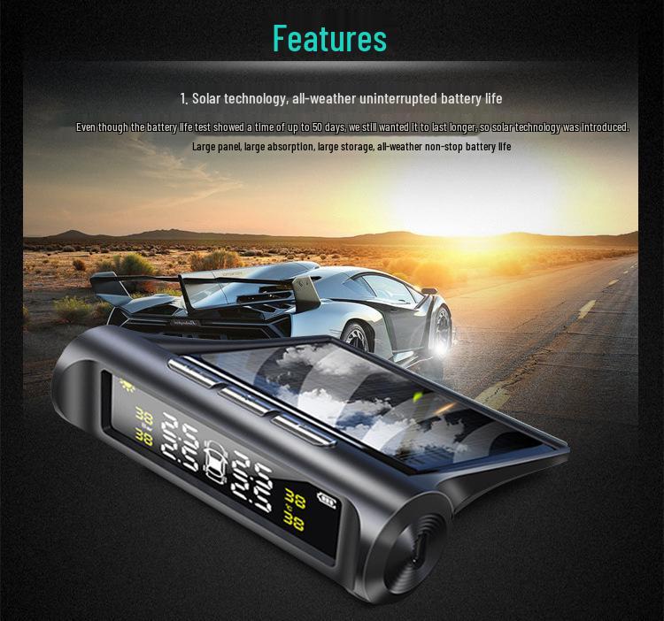 Solar Tire Pressure Monitoring System: Wireless, Car-Mounted, High-Precision, Internal/External, Universal Detection, Leak Prevention.
