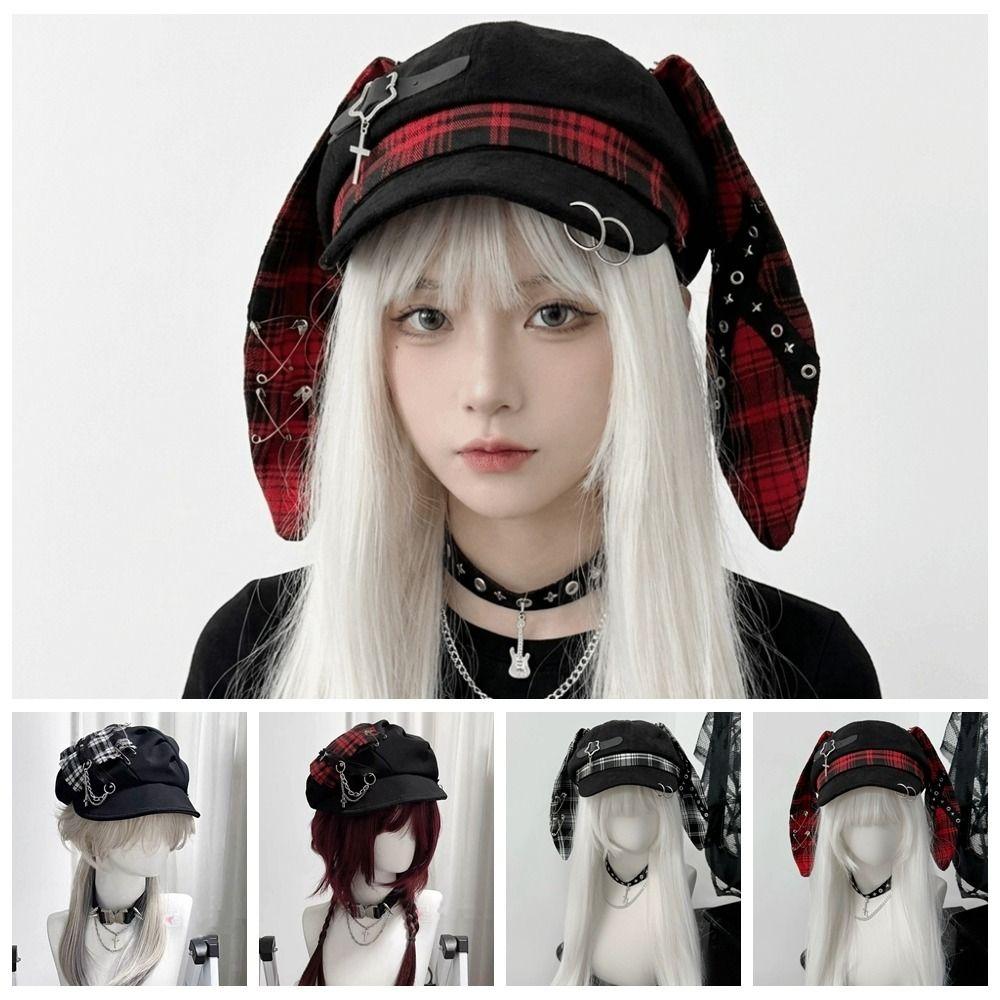 Rabbit Ears Plaid Beret Hat Thin Brim Newsboy Peaked Hat Casual Painter Artist Cap  Girls