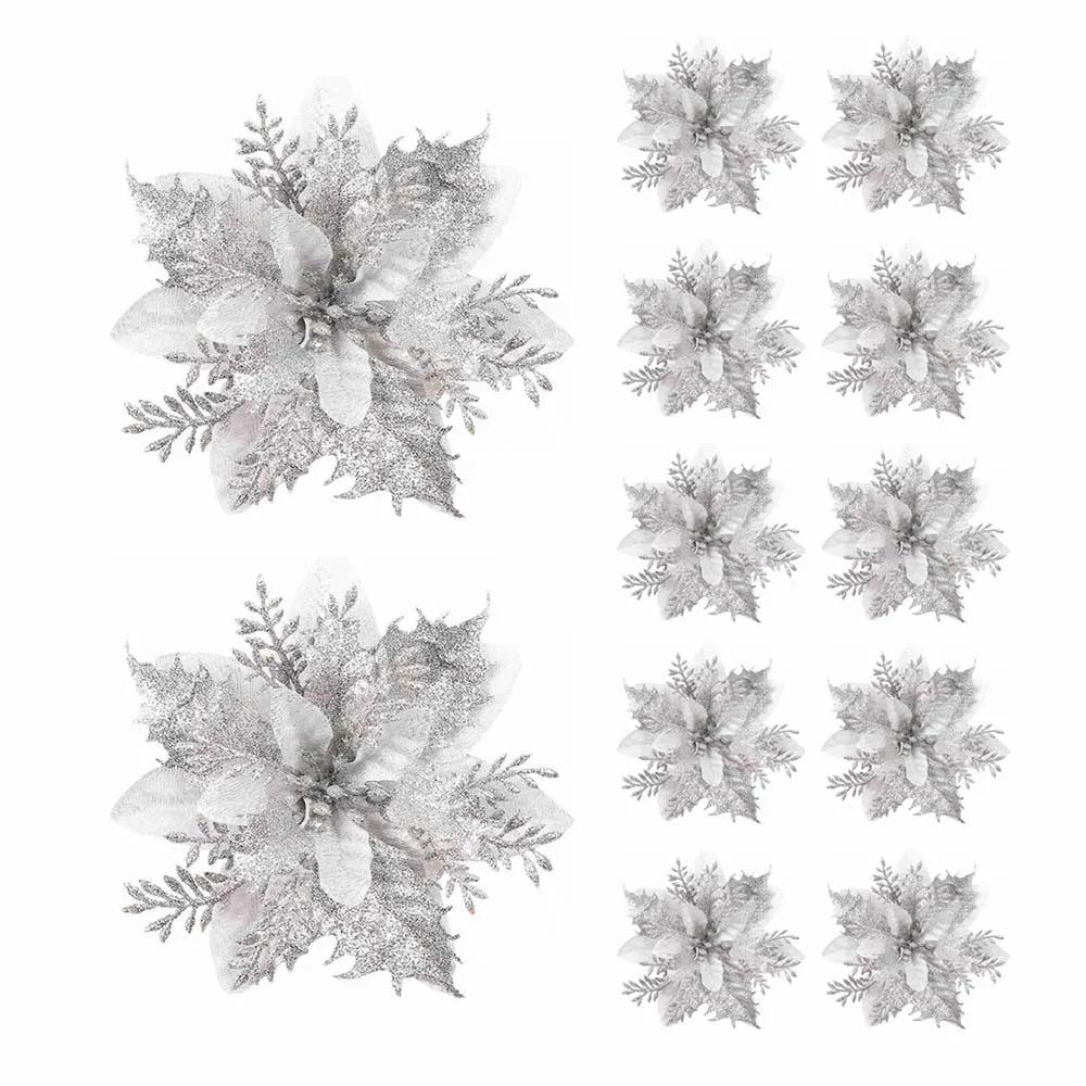 5/10/20Pcs Christmas Flower Ornaments,pink,red,gold,glitter Artifical Flowers for Christmas Tree,xmas Decoration for Home