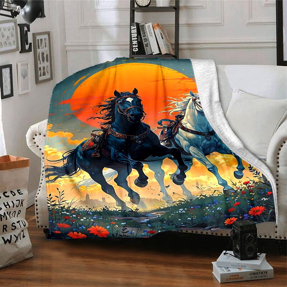 1pc Horse Sunset Blanket, Lightweight Flannel Throw Blanket for Sofa, Bed, Travel, Camping, Living Room, Office, Couch, Chair, and Bed