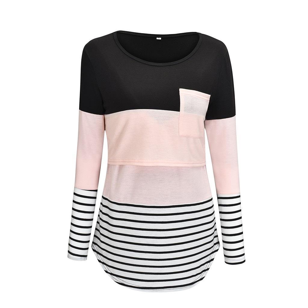 

2026 New Striped Patchwork Long Sleeve Top Women s Nursing Crew Neck T-Shirt XXL рожевий