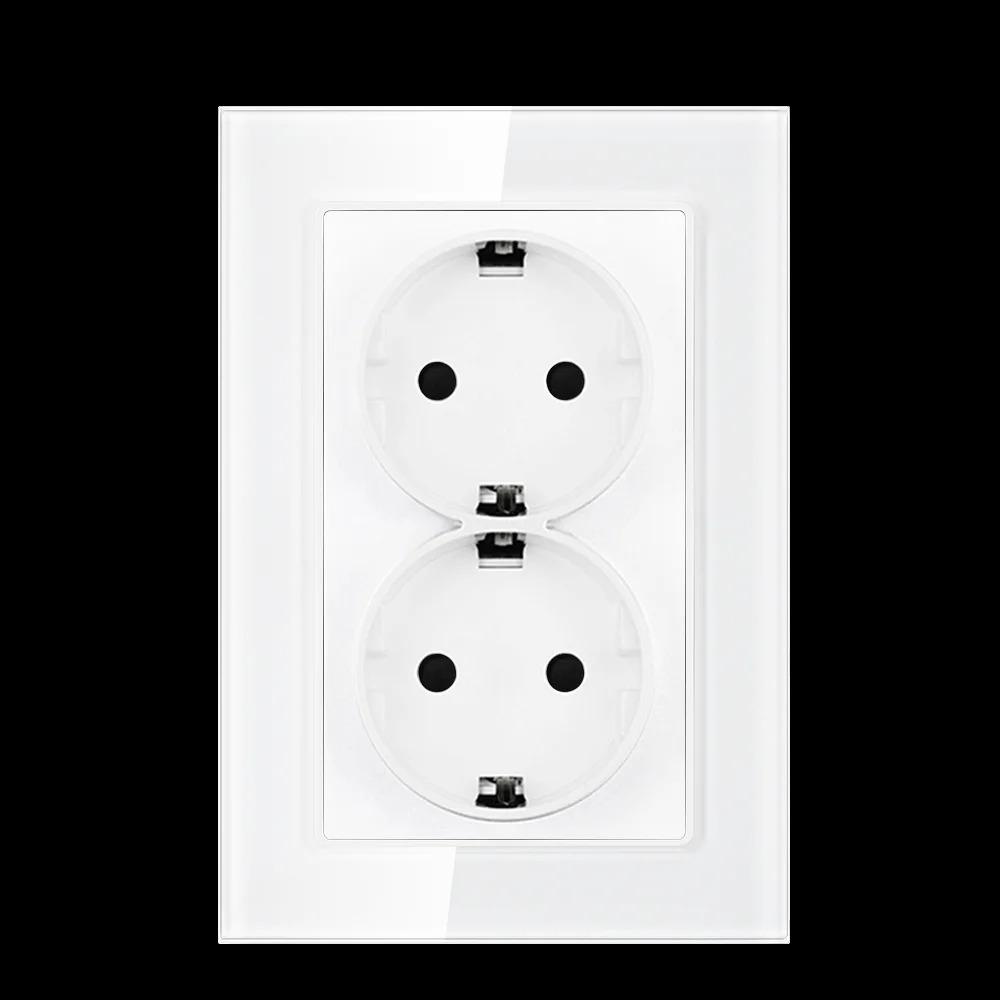 

16A French Electrical Socket Double Wall Outlet 123*86mm Glass Crystal Panel Built-in Plug 220V Home Improvement EU