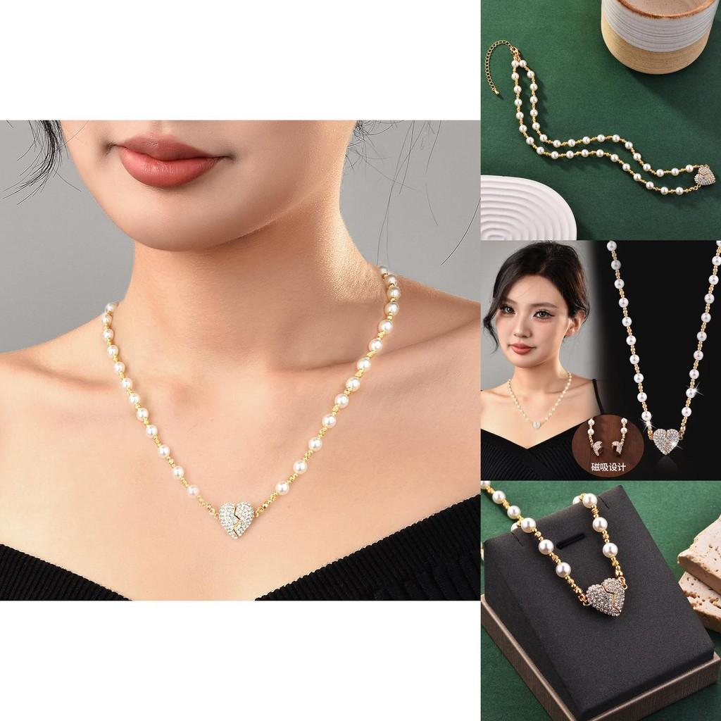 Luxurious Heart Pendant Necklace With Dazzling Diamond Inlay And Beautiful Pearl Chain