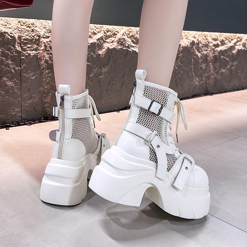 Fashion Designer Women's Short Boots New Early Autumn Mesh Leather Chunky Boots Gladiator High Platfom Buckle Goth Boots Mujer Zapatos