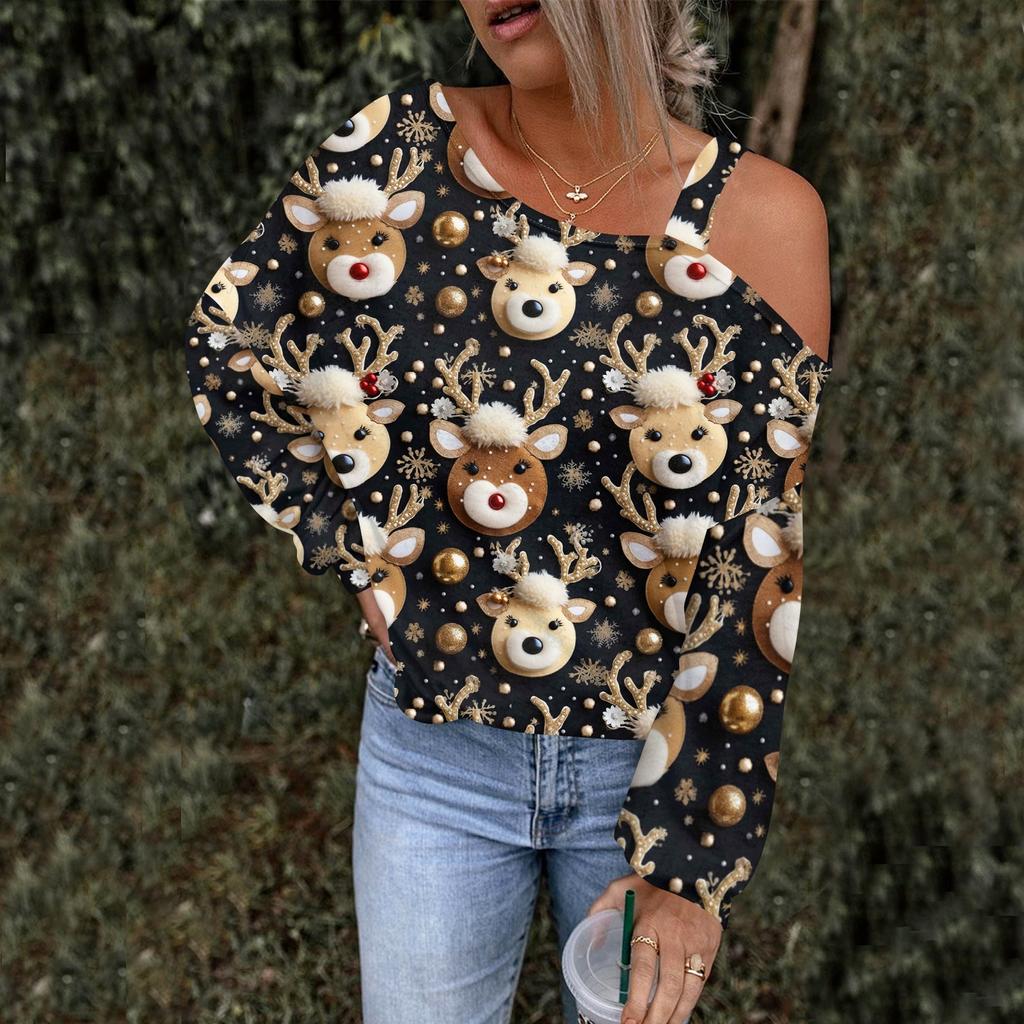 Women's Hollowed Out Fashionable Casual Floral Print Off Shoulder Hoodie Top Christmas