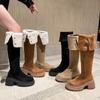 2025 Winter Velvet Warm Knee Boots Women's Retro Lapel Knight Boots Thick Heel Thick Sole Long Snow Boots