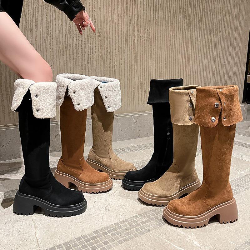 2025 Winter Velvet Warm Knee Boots Women's Retro Lapel Knight Boots Thick Heel Thick Sole Long Snow Boots