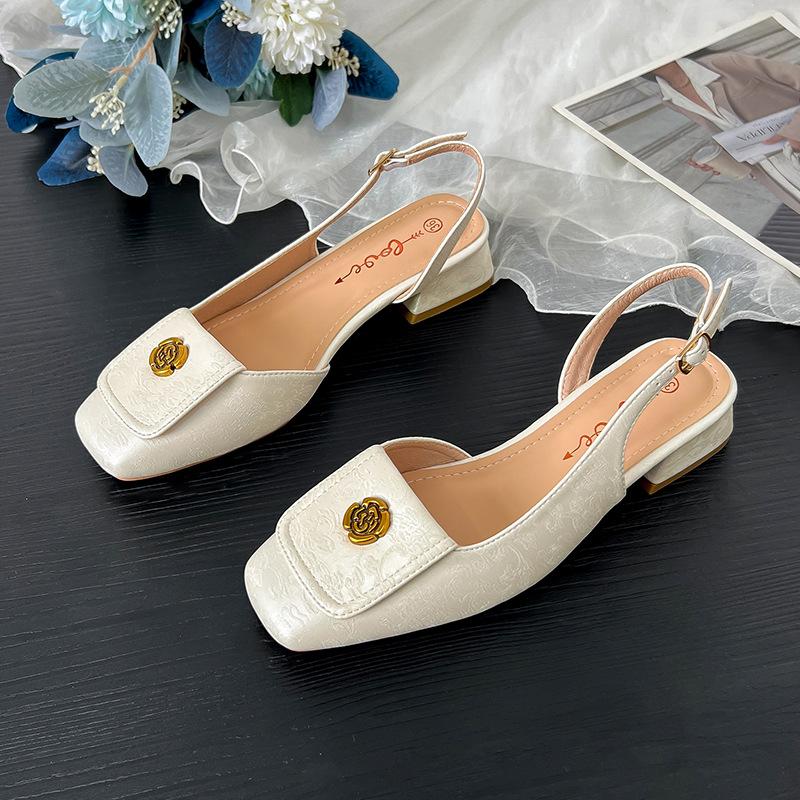 Summer Retro Square Head Thick Heel Mary Jane Shoes Camellia Single Shoes Bag Head Empty Sandals Women