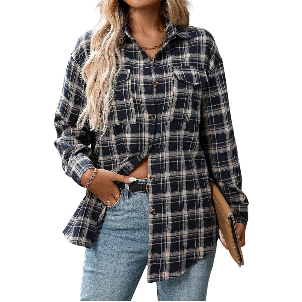 Women's Casual Button-Down Plaid Shirt, Long Sleeve Tie Front Top, Multiple Color Options