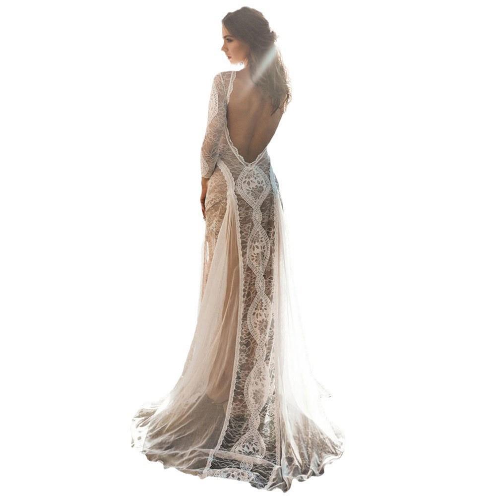 2025 Spring European & American Women's Celebrity Banquet Wedding Dress - Round Neck, Long Sleeve, Printed, Backless Lace