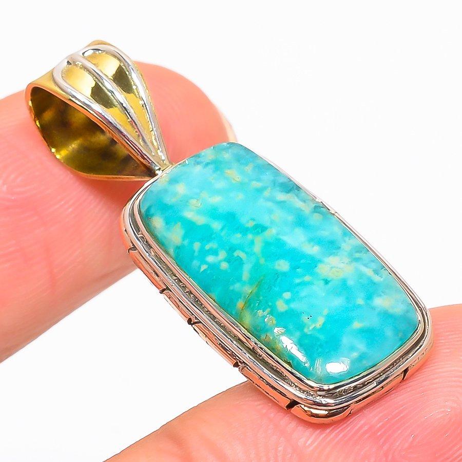 Pendente Bicolore in Argento Sterling Massiccio 925 con Pietra Naturale Amazzonite 1.50" s6W89