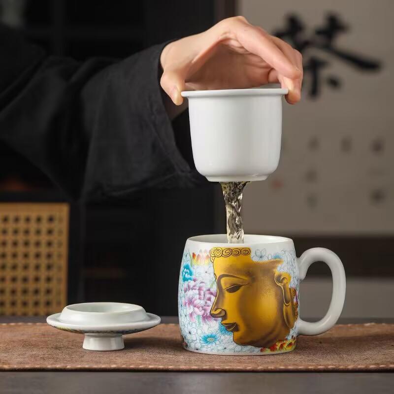 Soda Glaze Ceramic Flower Blooming Buddha Office Cup Water Cup With Lid Filter Tea Separation Tea Cup Gift Box