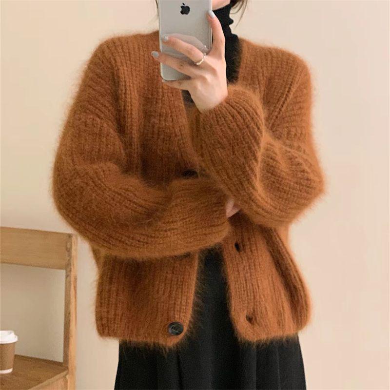 Korean Style V-Neck Loose Knit Cardigan - Soft, Fluffy, Gentle Women's Fashion