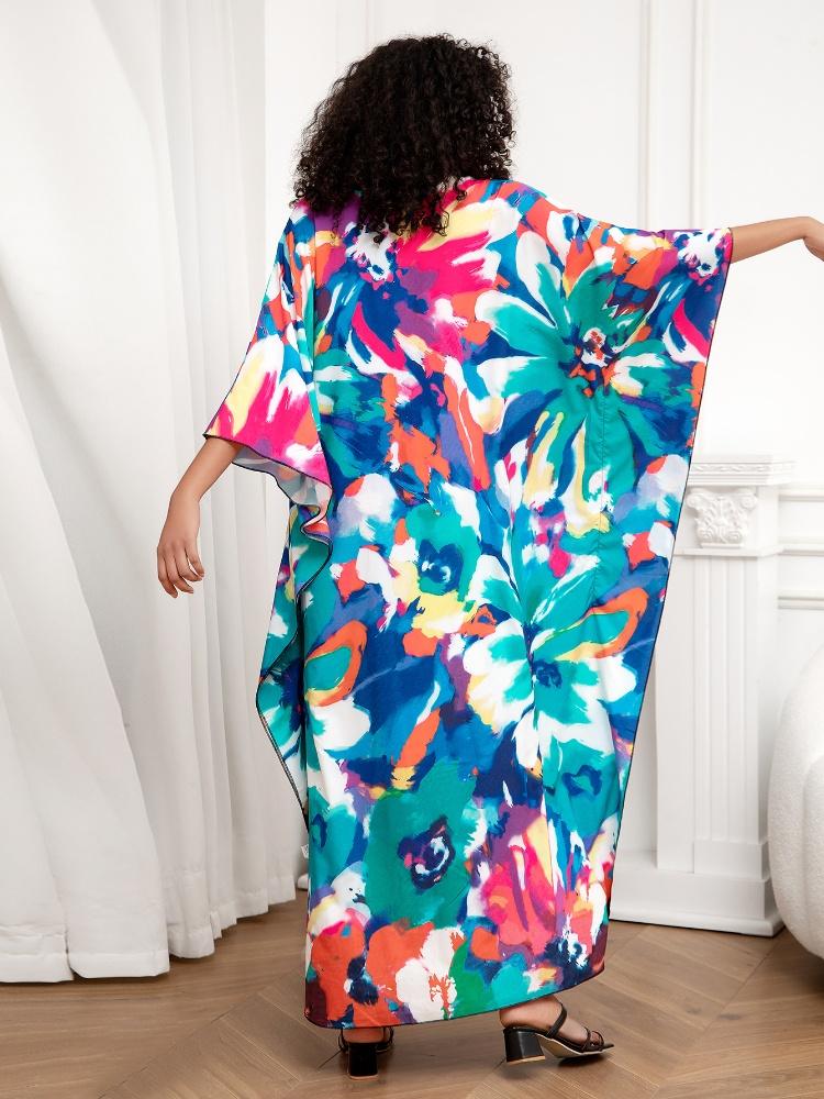 EDOLYNSA Green Printed Bohemian Long Dress Women Robe Kaftan House robe Outfit Plus size Lounge wear Beach dress Q1289
