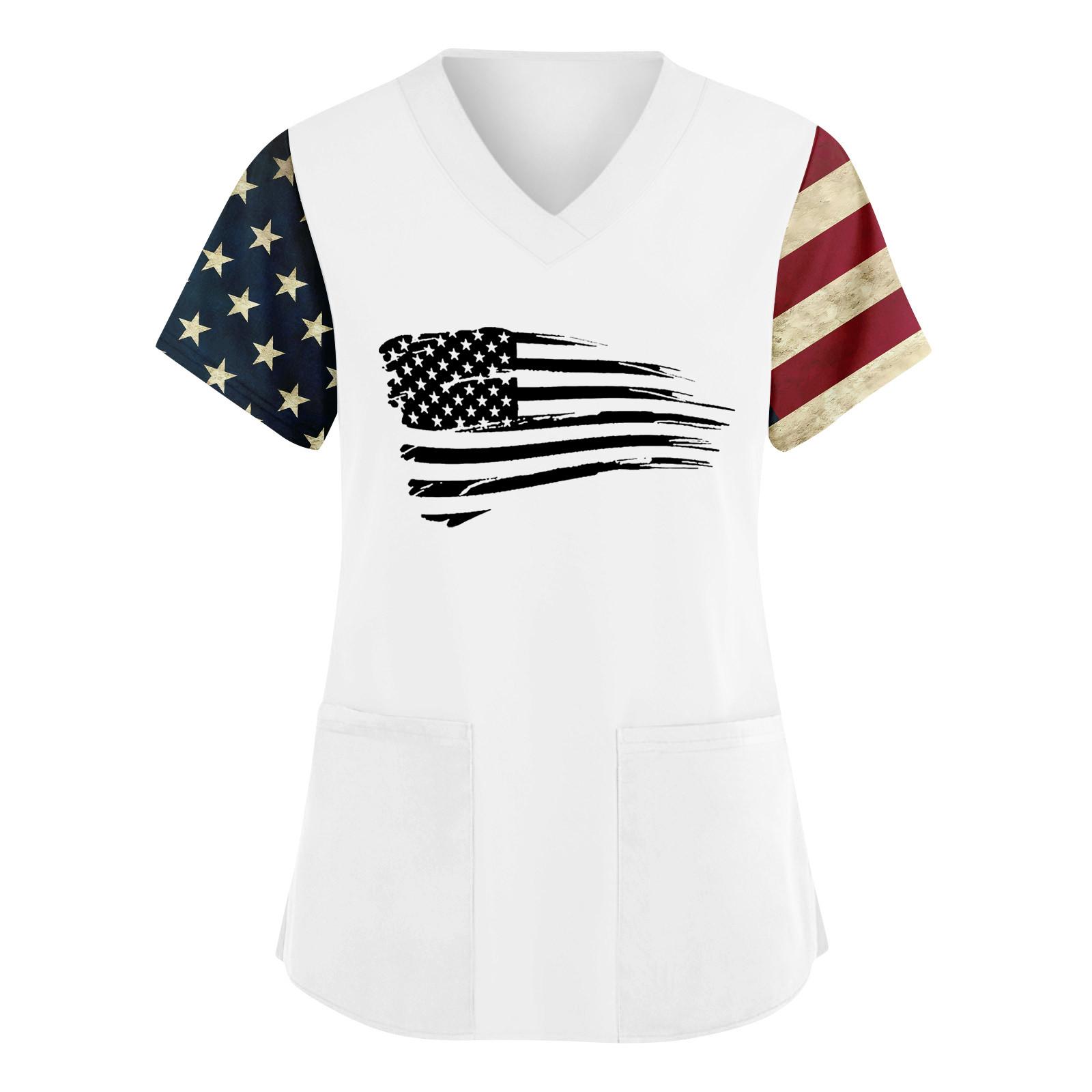 

Женские модные топы с принтом на День независимости и короткими рукавами и V-образным вырезом, рабочие футболки с карманами XL белый