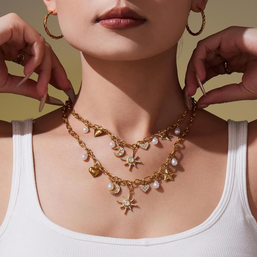 Star Moon Pearl Zircon Necklace & Bracelet Set with Multi-Accessory Design