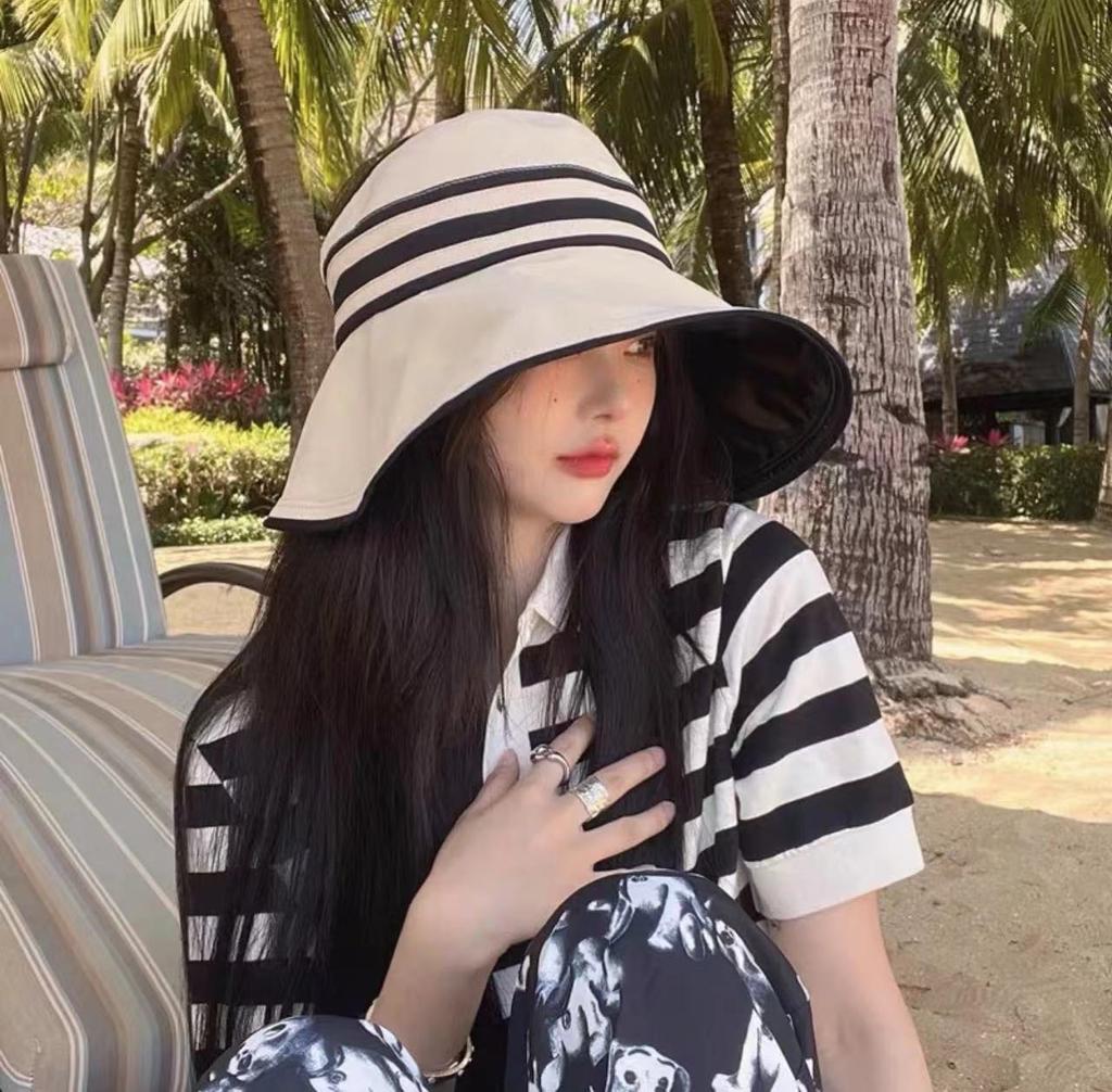 Spring and Summer Big Brim Shading Empty Top Striped Hat Big Brim Outdoor Face Covering Summer Versatile Hat Breathable Adult