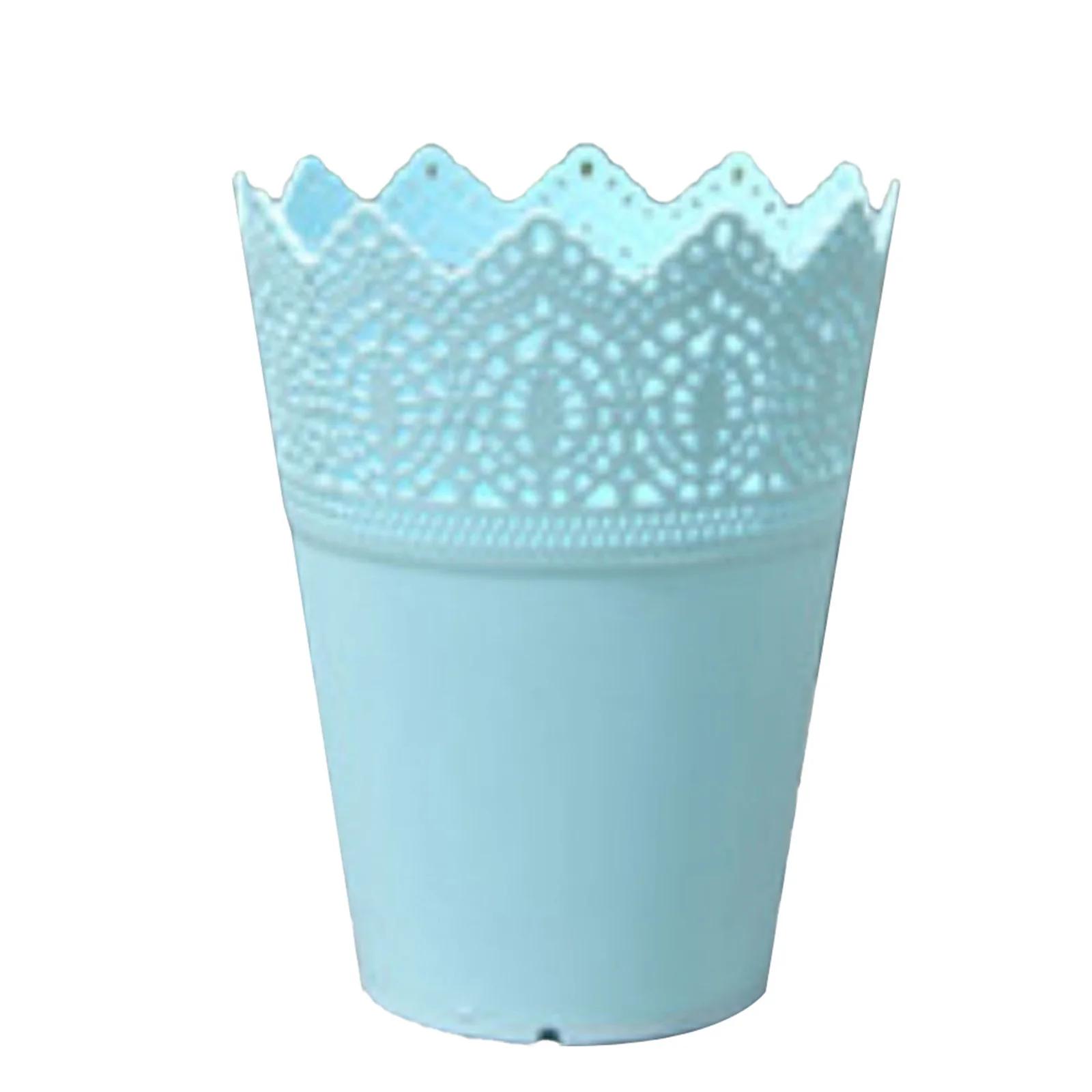 

Crown Style Plastic Flower Pot With Pierced Lace Pattern For Holding Flowers Pens Makeup Brushes Or Stationery On Desktop синий