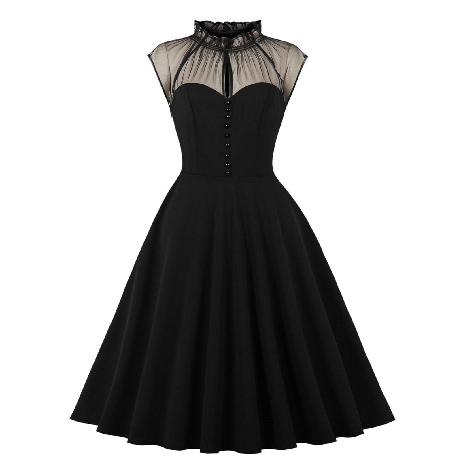 Women s Mesh Stitching Flying Sleeves Half-high Collar Swing Retro Dress L чёрный
