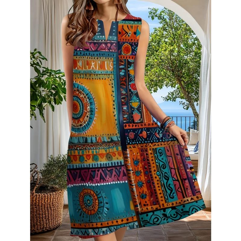 Robe sans manches pour femmes à col fendu, avec un design géométrique ethnique bohème, parfaite pour les sorties décontractées d'été à la plage