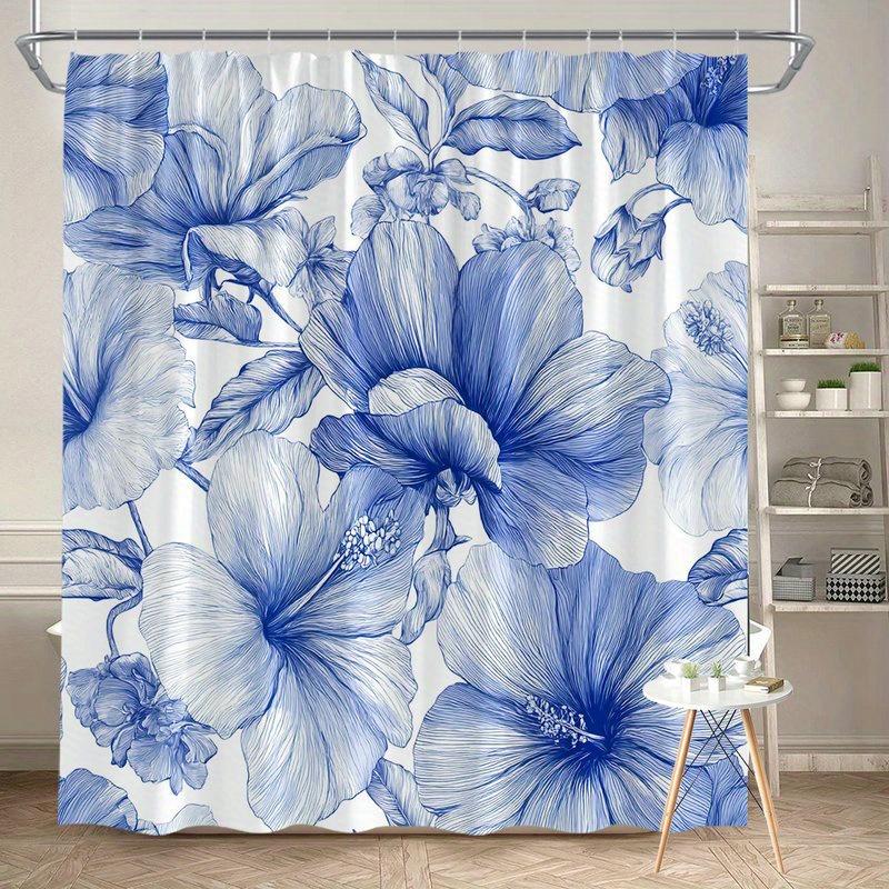 

1Pc Blue Hibiscus Botanical Floral Pattern Shower Curtain, Polyester Fabric, Machine Washable, Suitable For Bathroom Decoration W60H190(CM)-1 Pcs