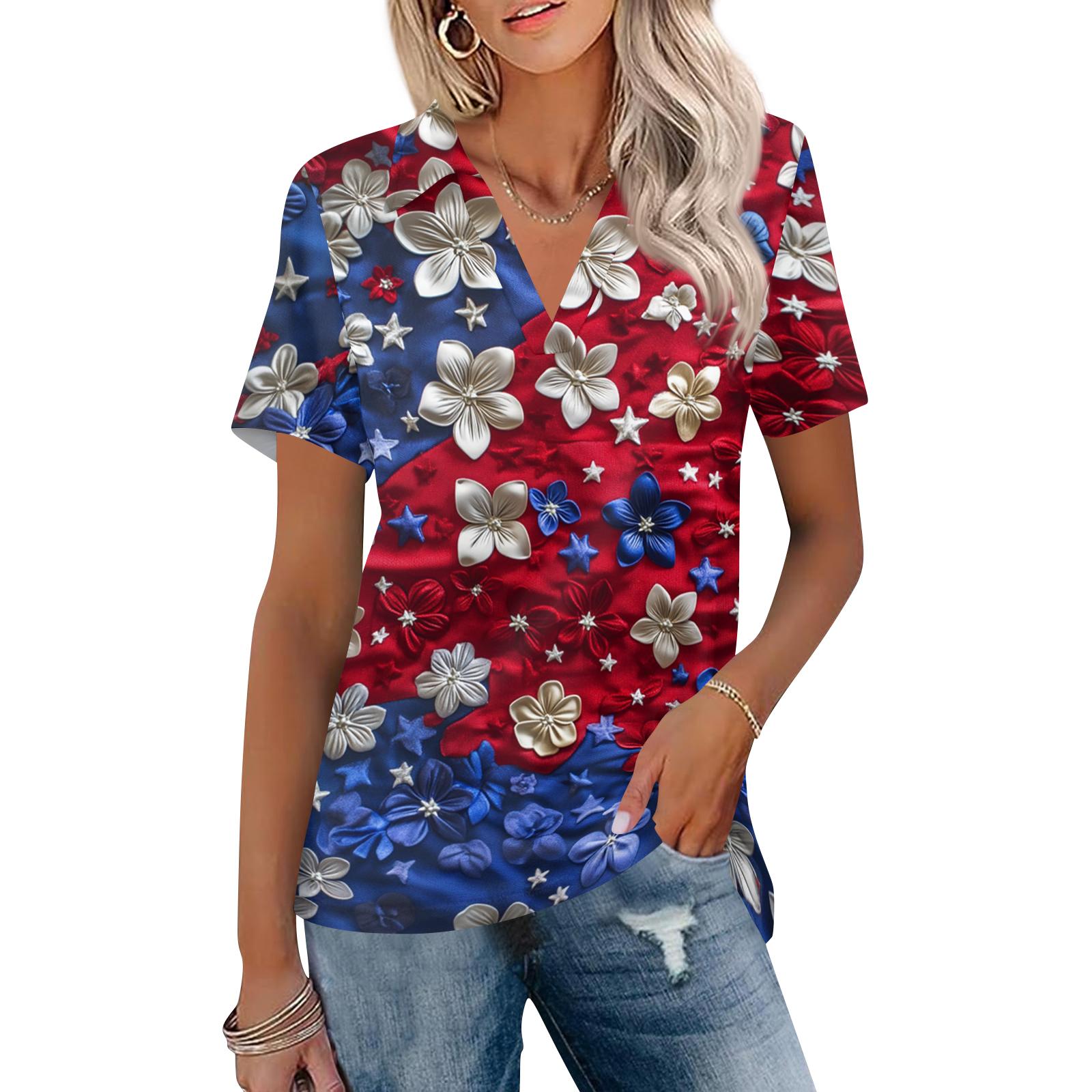 Women V Neck Short Sleeve Casual Loose Fit Top with Abstract Print and Turn Down Collar for Everyday Wear XXL синий