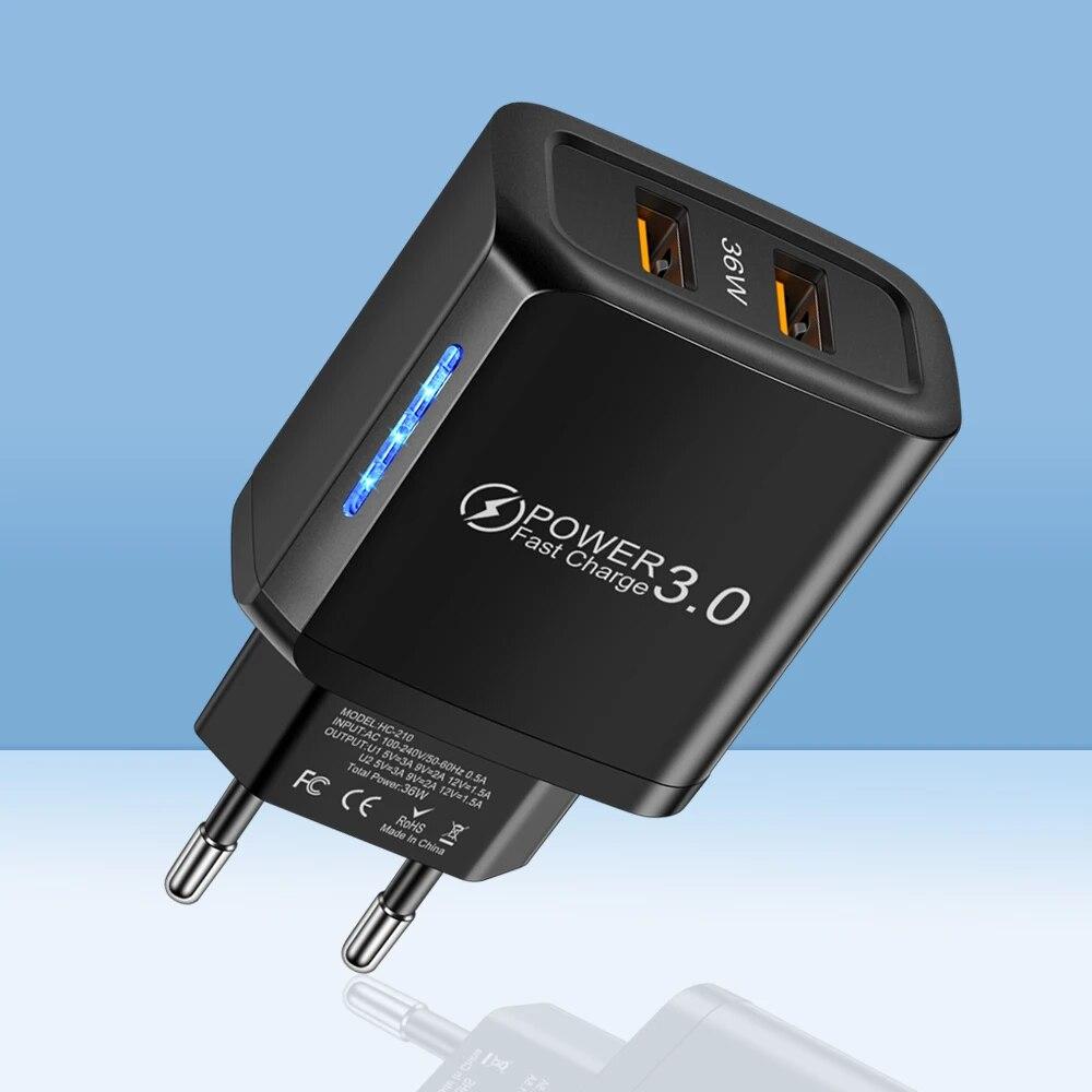 2 Ports 36W USB Mobile Phone Charger Quick 3.0 Wall Fast Charging Adapter For iPhone Xiaomi Samsung