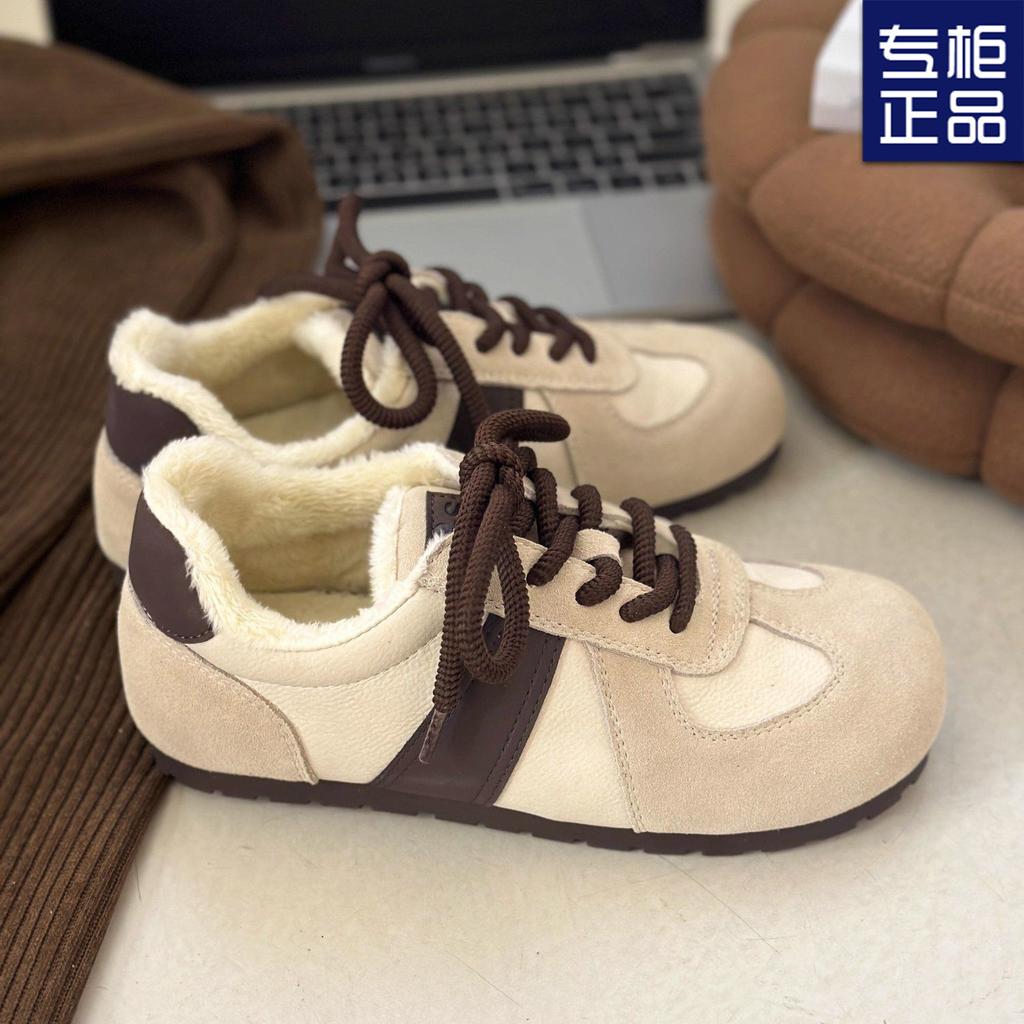 Round Head Retro Versatile Moral Training Shoes Women's Winter Velvet Flat-bottomed Warm Lace-up Cotton Shoes Fashion Casual Shoes