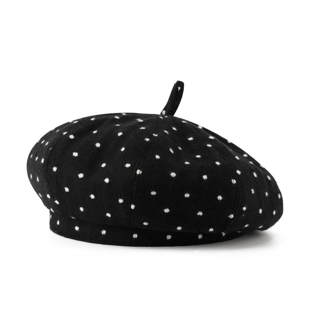 Black polka dot hat woolen beret female autumn and winter face small bud hat big head circumference painter hat