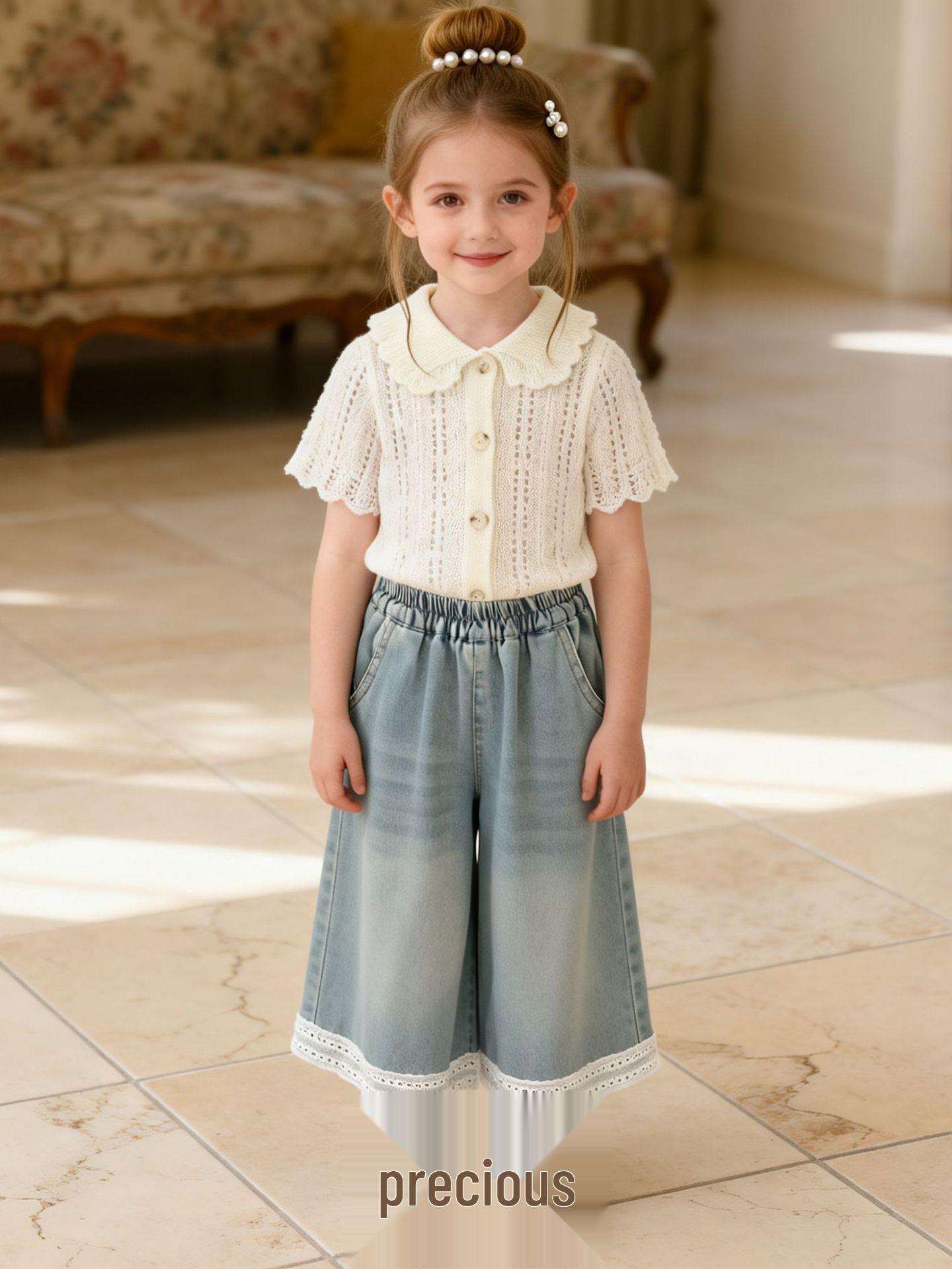 Girls Off-White Doll Collar Knitted Cardigan, Summer Style, Short Sleeves 140cm