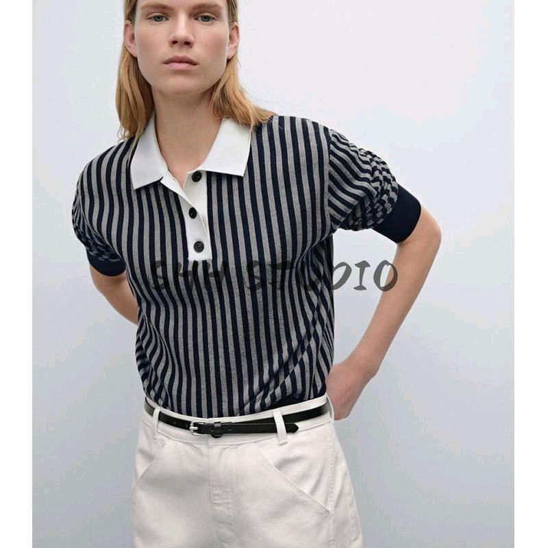 MD Women's Spring Clothing Fashionable Intellectual Commute Style Polo Shirt Collar Stripes Knitwear 5728682