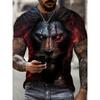Scary Red Eyes Lion Head 3D Graphic Tee Men's Fashion Short Sleeve T-Shirt Casual Crew Neck Summer Pullover Cool Beast Warrior Style Streetwear Top