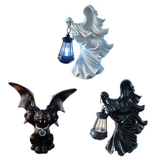 Resin Halloween Sculpture Witch Lantern, Gothic Ghoul Terrifying LED Night Light, Mysterious Accessory Waterproof Hell Reaper Spooky Tabletop Figurine