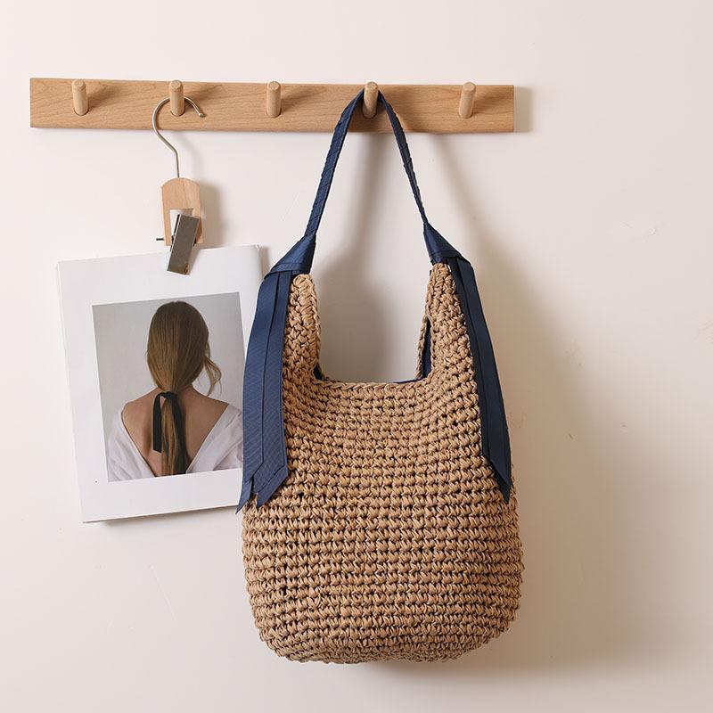 Women's Asian-Inspired Straw Tote Bag - Oversized Solid Woven Beach Bag with Detachable Ribbon for Vacation Essentials & Boho Outfits