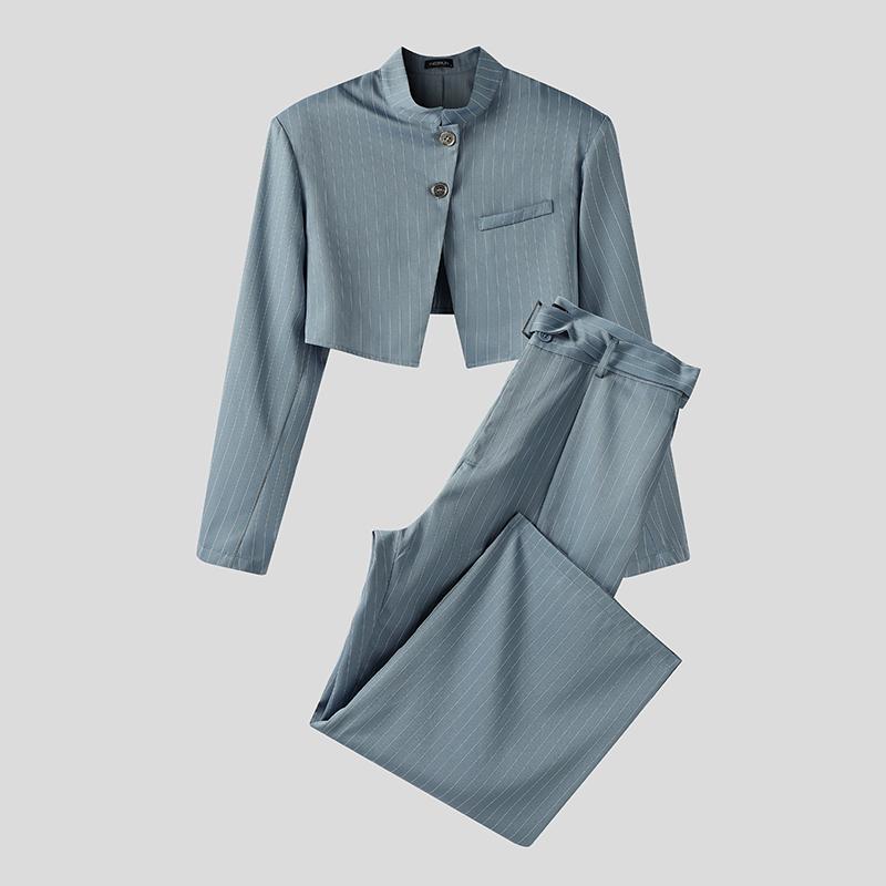 INCERUN Men Striped Outfits Stand Neck Long Sleeve Crop Tops Zip-Up High Waist Long Pants Sets