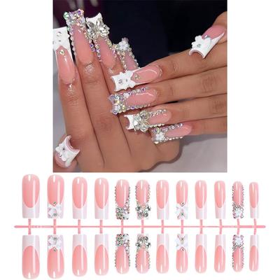 Unghia Lunga Quadrata Press On con Disegni di Fiocchi 3D e Strass Unghia Finta Unghia Adesiva Scintillante per Donne e Ragazze