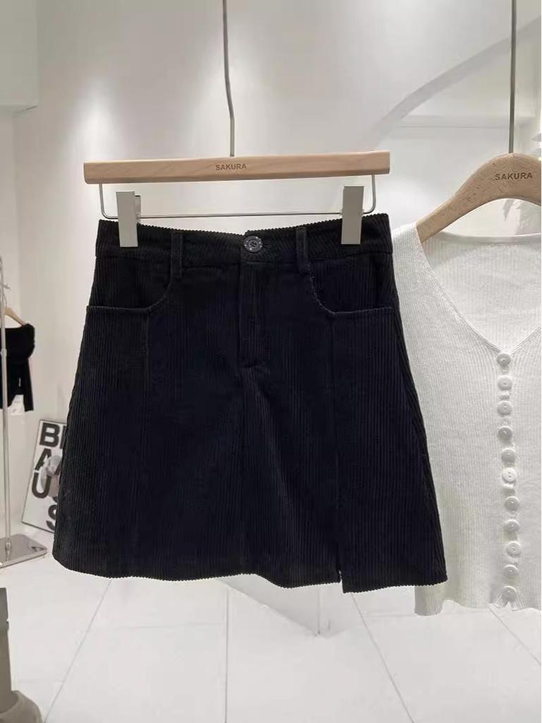 Petite High Waist Corduroy Bodycon Midi Skirt – Women's Autumn/Winter A-line Slit Skirt