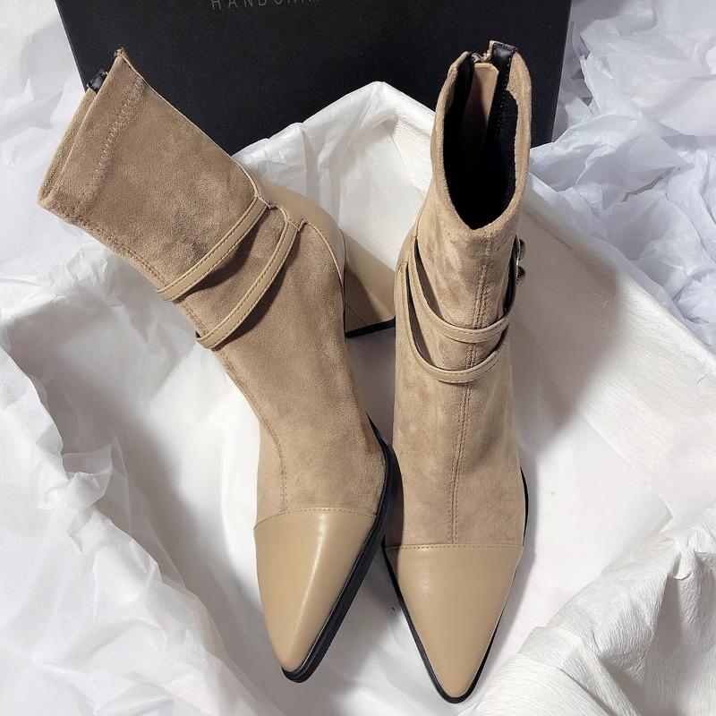 Women Suede Pointed Toe Chelsea Boots Woman Sexy Mid-calf Boot  New Winter Heels Shoes Luxury Party Pumps Fashion Goth Shoe