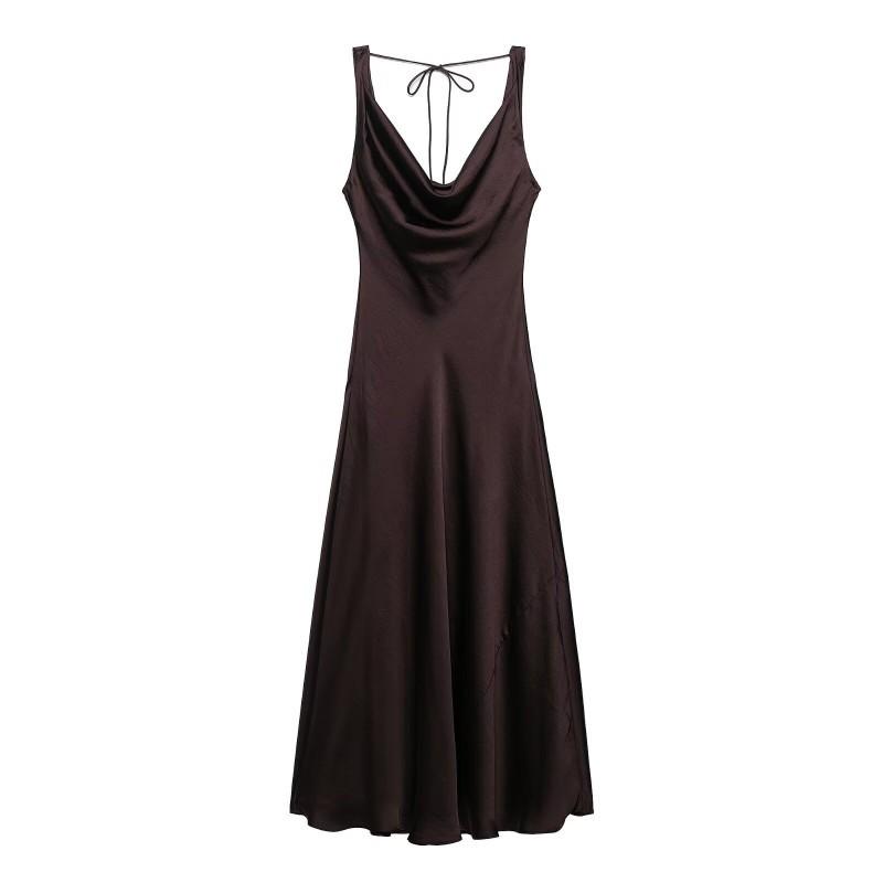 

European American Women s Clothing Summer Fashionable Backless Silk Satin Texture Long Dress S темно-коричневого
