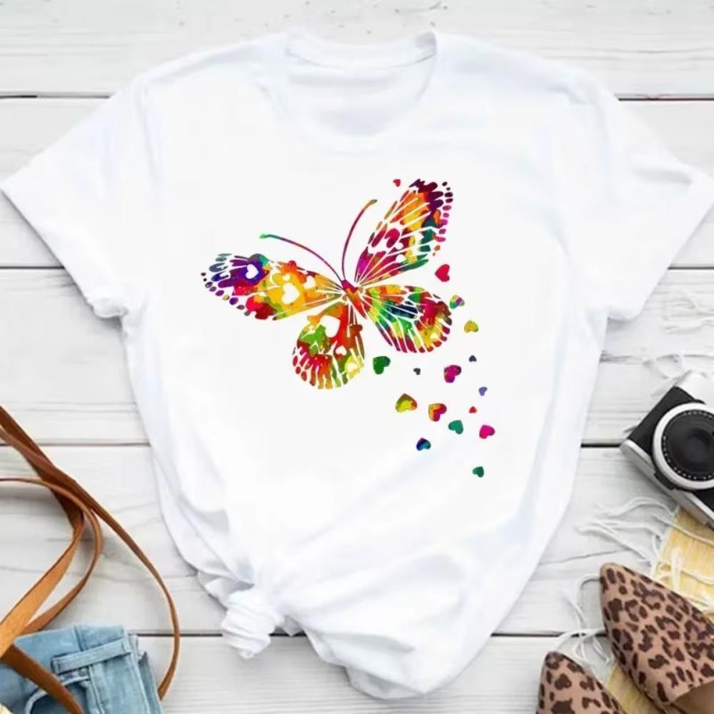 1pcs Colorful Butterfly Petal Print Short Sleeve Cute Graphic Tee Shirts FeUnisex Tops Clothing Fashion Women Tshirt Daily Wear