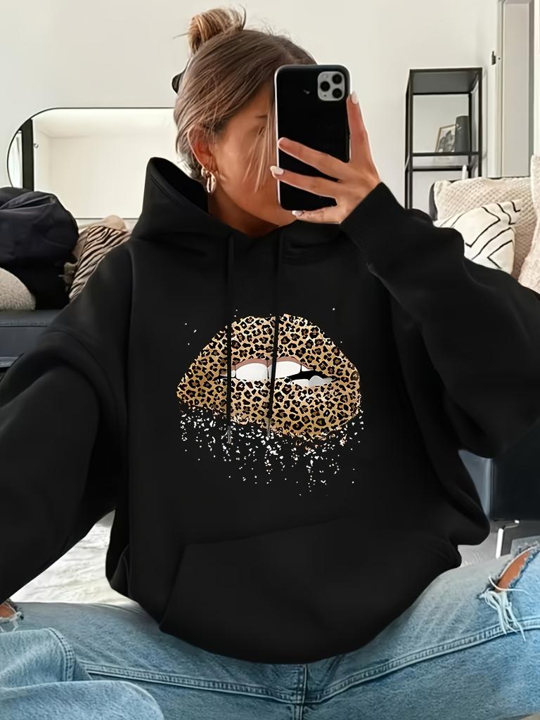 Unisex Fall Autumn Leopard Lip Print Kangaroo Pocket Graphic Hoodie Hooded Sweatshirt Printed Casual Top for Daily Wear Weekend T