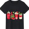 Unisex Black Graphic Tee Watercolor Summer Fruits Print Watermelon Coconut Drink With Hello Summer Crew Neck Casual Short Sleeve TShirt