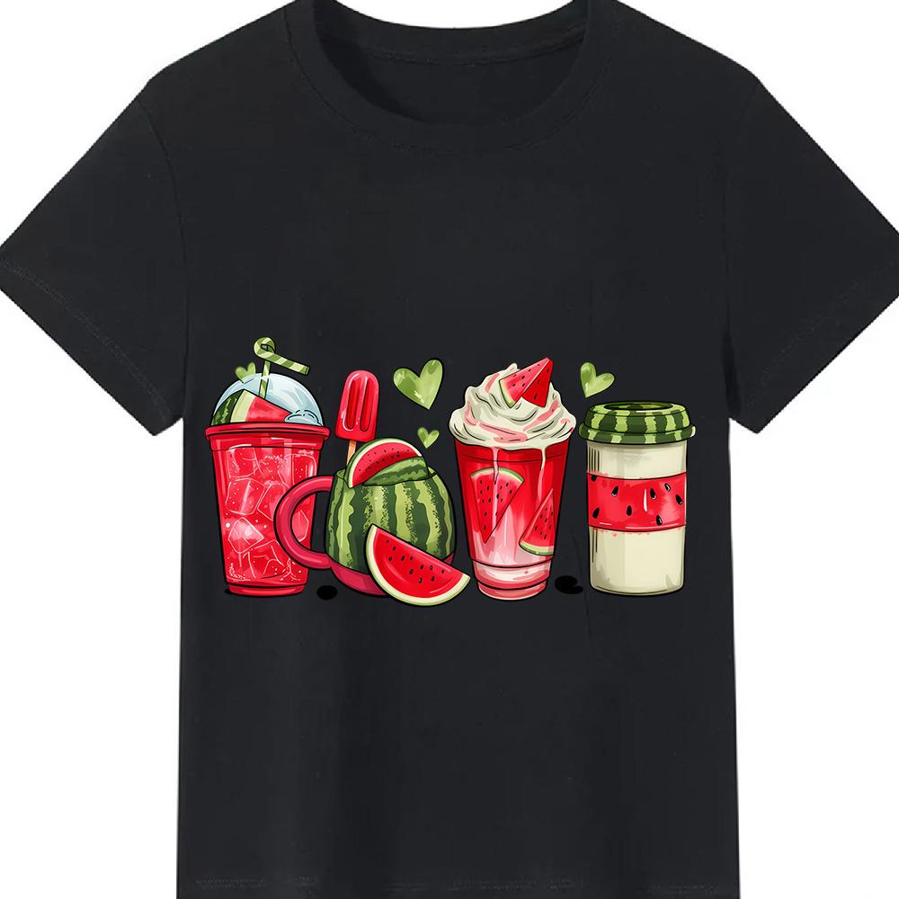 Unisex Black Graphic Tee Watercolor Summer Fruits Print Watermelon Coconut Drink With Hello Summer Crew Neck Casual Short Sleeve TShirt