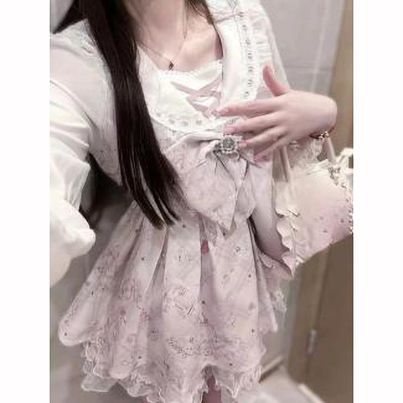 Wiosenna Sukienka Kawaii Lolita Damska Drukowana Kokarda Japońska Krótka Sukienka Imprezowa Sukienki z Wzorem Vintage